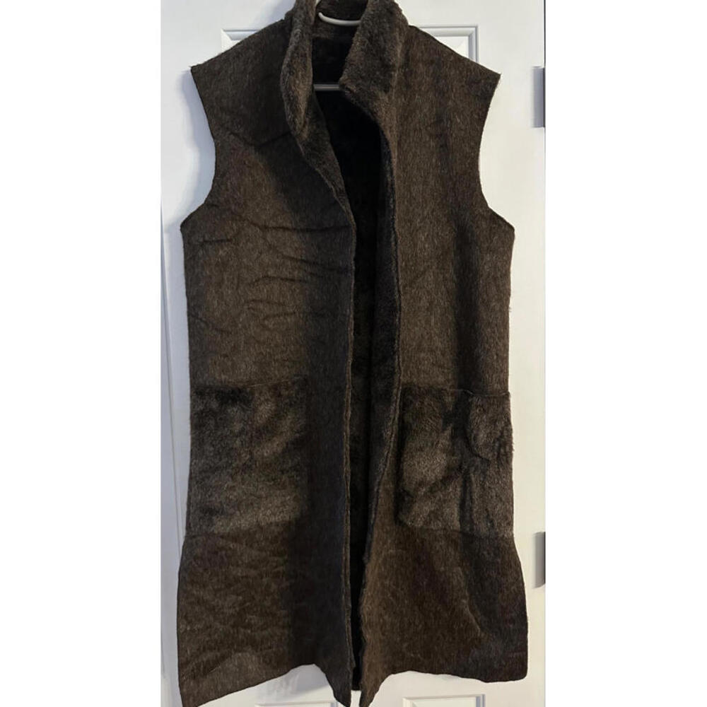 NWT Made in France Women Faux Fur Long Vest Open Front Split Side Lark Maroon XL